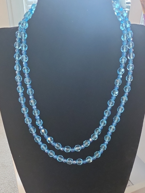 Jewelry - Blue Crystal Bead Double Strand Necklace, Adjustble, Hook Closure